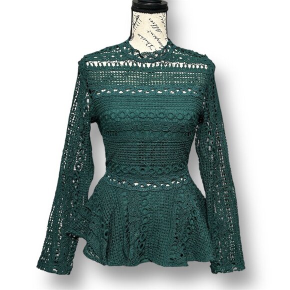 Anthropologie Endless Rose XS Green Crochet Lace Peplum Blouse Coquette Chic NW - Picture 1 of 8